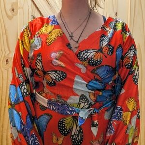 Red Satin Long Gown With Butterflies, Surplice Bodice Long Sleeve, Artist Signed